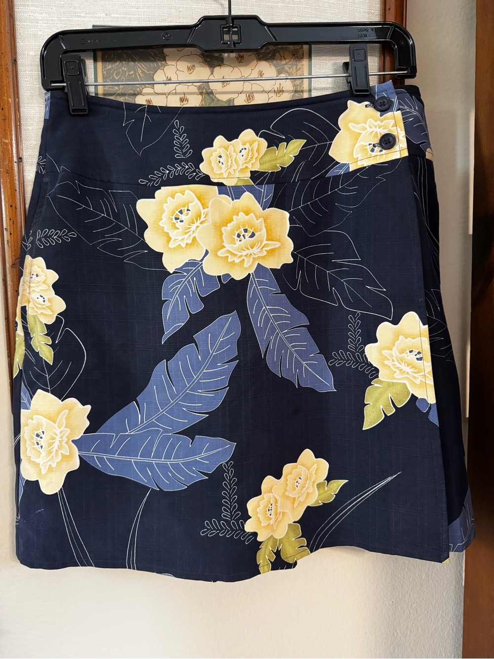 100% Silk Navy Tropical Floral A-Line Wrap Skort with Blooms - Golf